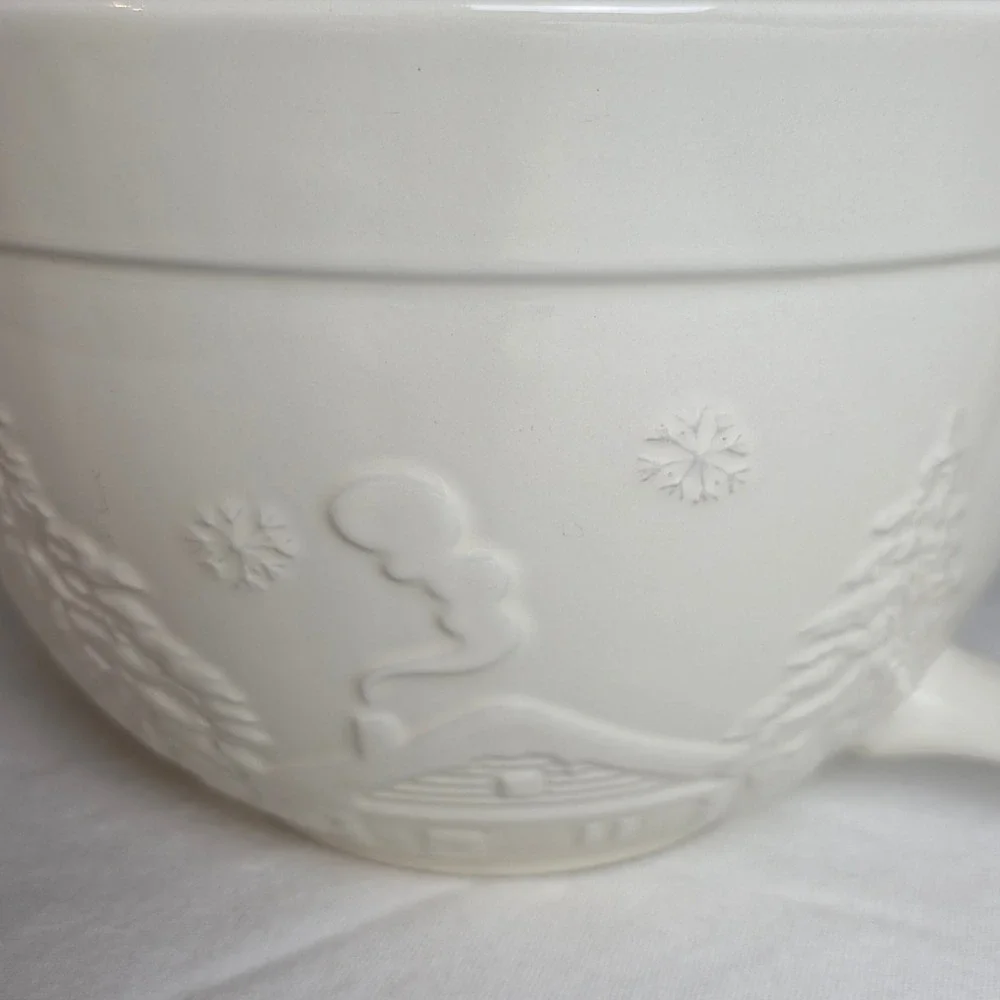 The Bake Shop Cream Embossed Winter Scene Stoneware Mixing Bowl Spout Handle